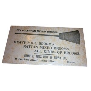 Antique Frank E Fitts Boston Trade Card Heavy Mill Rattan Brooms Victorian Ad